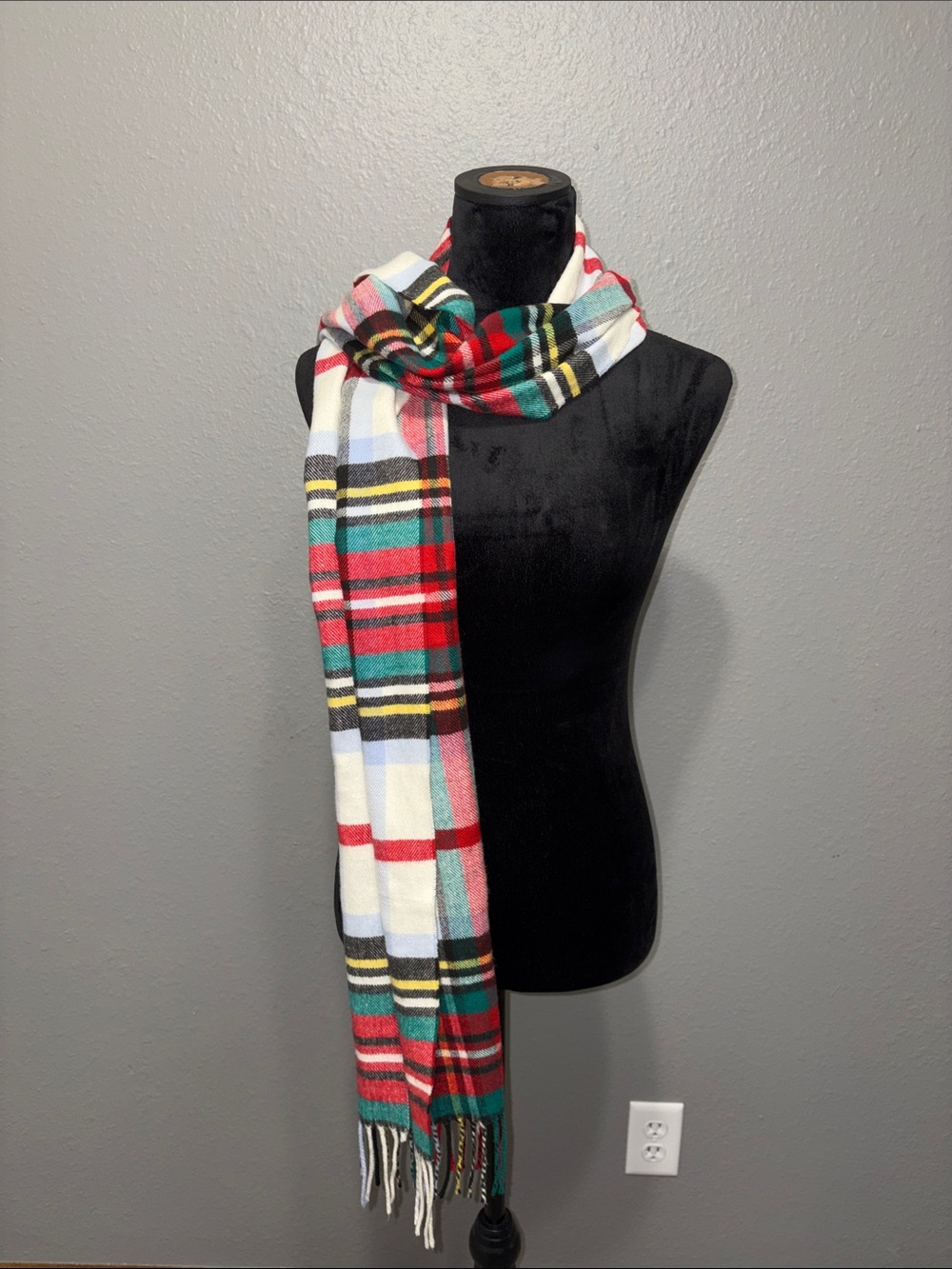 Plaid Fringe Scarf in Red and Teal